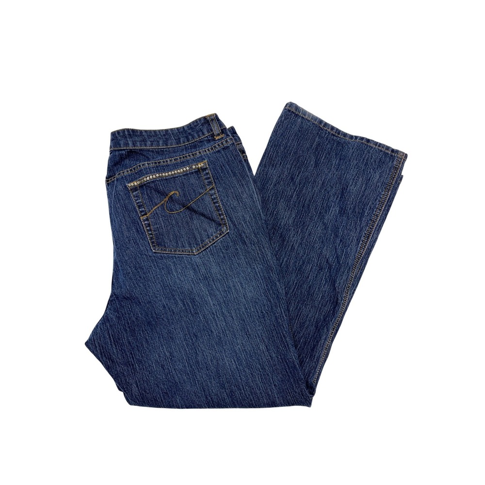 Chicos Denim‎ Women Size 3 Short Bootcut Jeans Embellished Pockets Blue Stretch